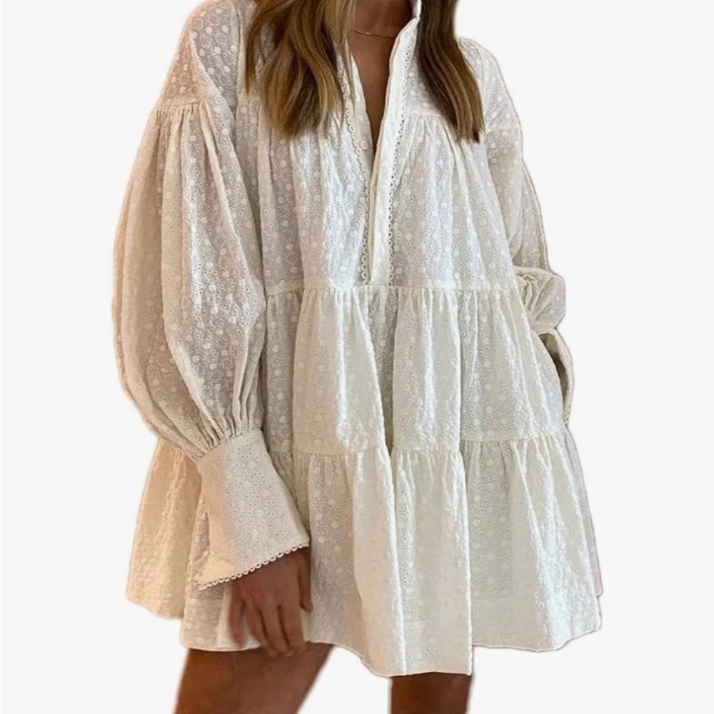 Cotton V Neck Long Sleeve Casual A-Line Dress